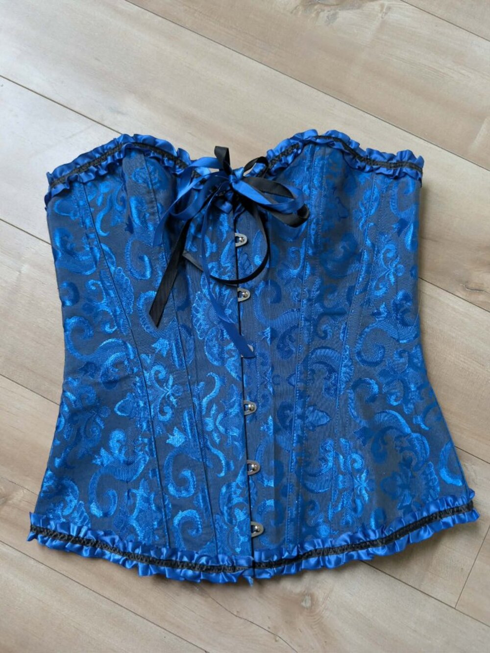 Blue Brocade Lace-Up Corset Top - Y2K Gothic Renaissance Bustier - Size S